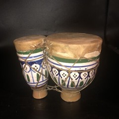 Pair ❤️ Joined Vintage Hand Painted Pottery BONGO DRUMS Retro Skin Ceramic