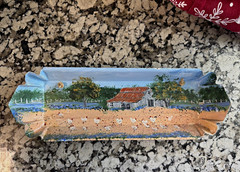 Hand-Painted Wall-Monted Chick Feeder Folk Art Farm Scene, Hanging Rope
