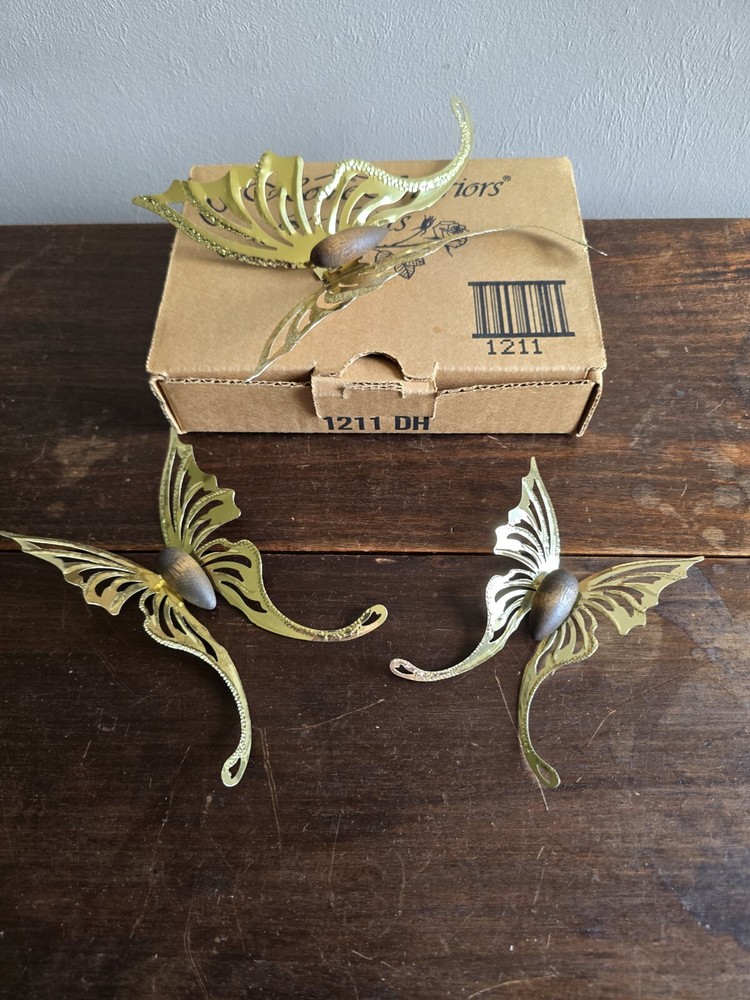 NIB Set Of 3 VTG Home Interior Gold Metal Wood Butterflies Art Decor Shabby Chic