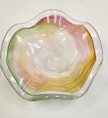 STUNNING Italian Murano Swirled Art Glass Pale Colors 9″ Bowl, Pink Orange Green