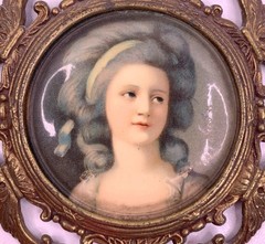 Vintage Miniature Picture Lady in Ornate Brass Frame Germany Rococo Style