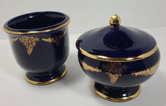 Enesco Japan Imports Cobalt Blue Gold Lidded Dish and Vase Set, Vintage