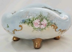 Vtg Porcelain Footed Bowl Hand Painted Roses Germany (Bavaria) Lustre & Gold EC