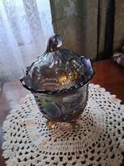 Imperial Glass Louis 14th Lidded Footed Jar Carnival Glass 6.75″ Tall 4.75″ Diam