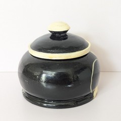 Vintage Hand Painted Wood Black Tuxedo Cat Trinket Box Dish w/Lid Folk Art Haiti