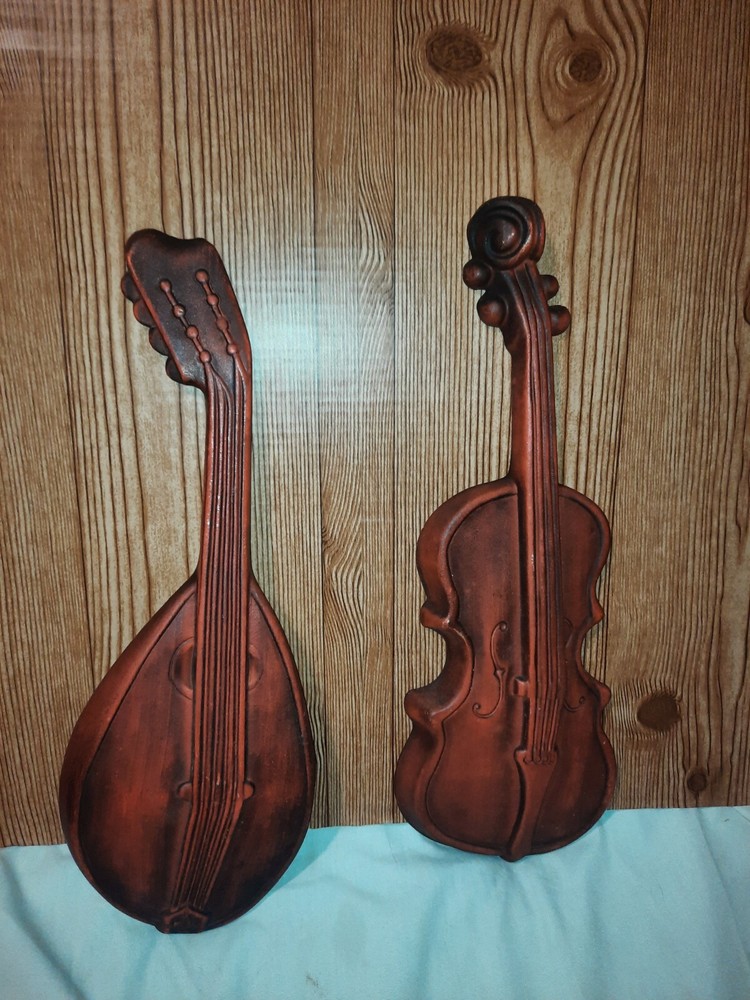 Vintage 1970’s Royal Violin & Mandolin Cast Aluminum Wall Hangings – Orange 18″