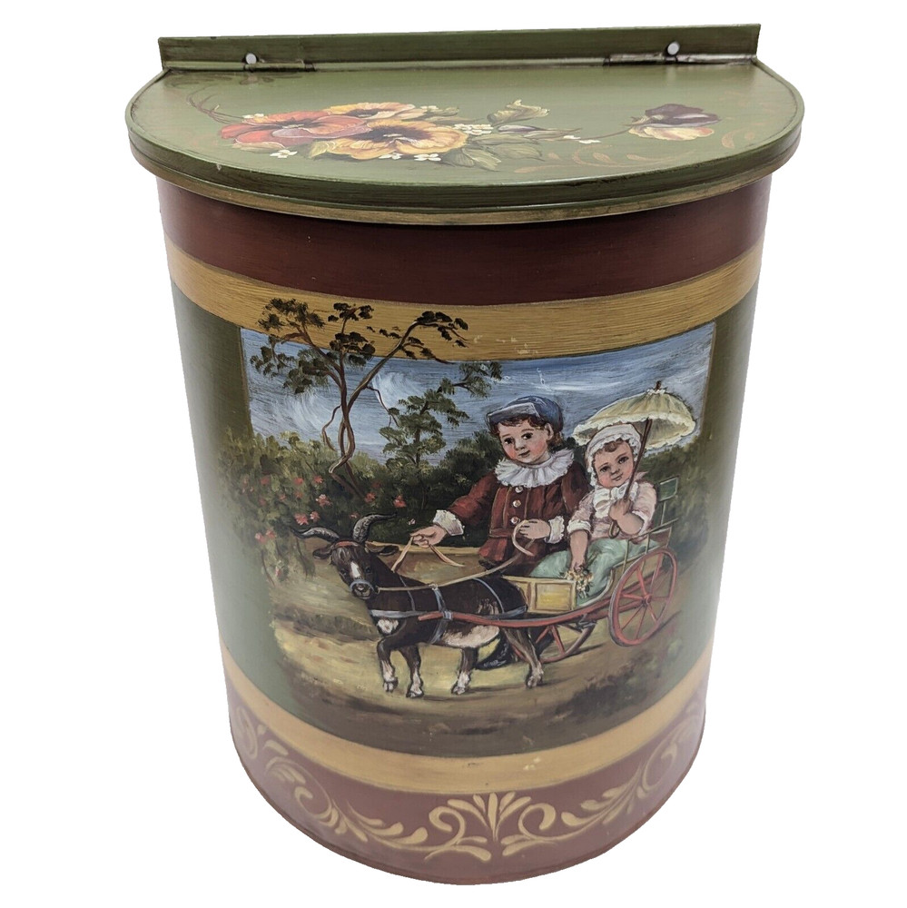 Rare 13″ Primitive Toleware Painted Metal Bin Hangs Storage Children Goat Cart