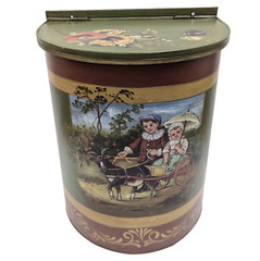 Rare 13″ Primitive Toleware Painted Metal Bin Hangs Storage Children Goat Cart