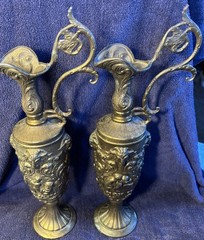 Italian PELTRATO 90% Pewter Art Nouveau Cherub Goat Ewer-Antique SET Of 2 Lg