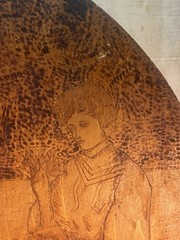Antique Arts Crafts Flemish Art Pyrography Wood Wall Plaque Nouveau Scene 18 In