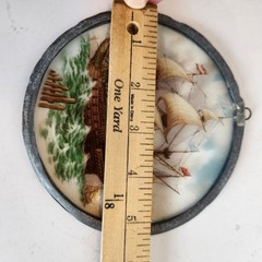 Antique 1910 Reverse-Paint Glass Galleon Ship Scene Edwardian Wall Decor Plaque
