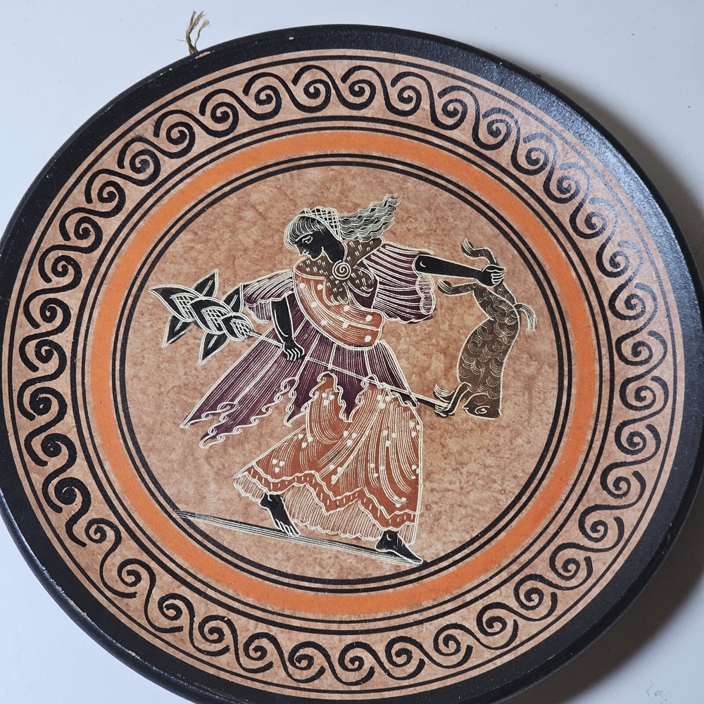Greek God Hera Terracotta Handmade Plate Greece Pottery 1960s Folk Art 8 Inch