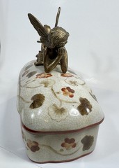 Hung Hei Trinket Box Dresser Fairy Angel Handle Art Nouveau Style Ceramic 9”