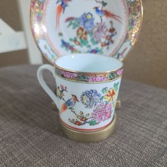 VTG Chinese 4.5” Porcelain Gilted Floral & Birds Demitasse Cup & Saucer w stand