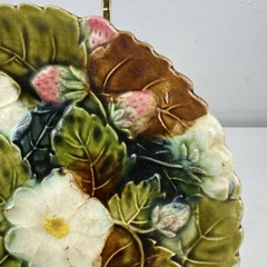 Antique French Majolica Strawberry Plate Floral Relief 8.5 Inch