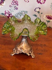 RARE Antique 1860 Craquelle Overshot Art Nouveau Green Bowl On Metal Base