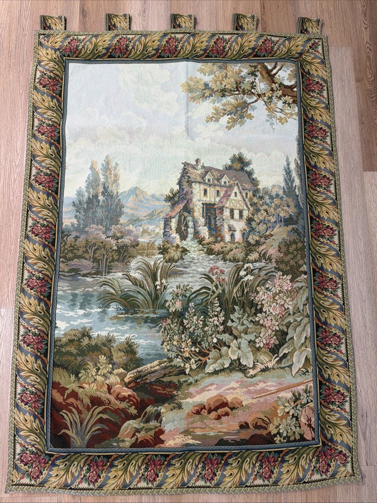 VTG Italian Jacquard TAPESTRY ‘THE OLD MILL’ SCENE 64”H X 45”W Traditional EUC