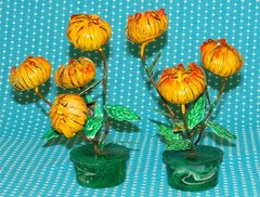 2 Unusual Vtg Enameled Metal Orange Flower Sculptures 6” Arrangement Closed