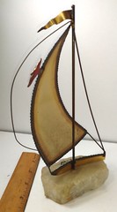 DEMOTT Brass Sailboat Metal Sculpture signed on Onyx Base rock approx. 10″ Tall