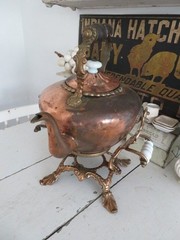 Old Copper TILTING TEA KETTLE on Ornate BRASS STAND White Porcelain Handles