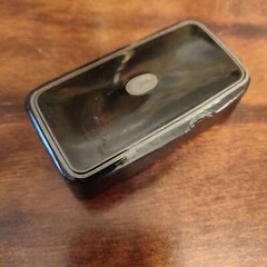 Antique probably Edwardian snuff box with pewter cartouche and decoration