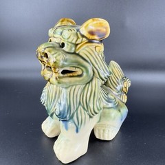 Vintage 1980s Ceramic Majolica Green Foo Dogs Set 2 Shishi Lions Good Luck vtg