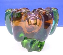 Vintage Murano Hand Blown Green & Amber Art Glass Centerpiece Bowl.