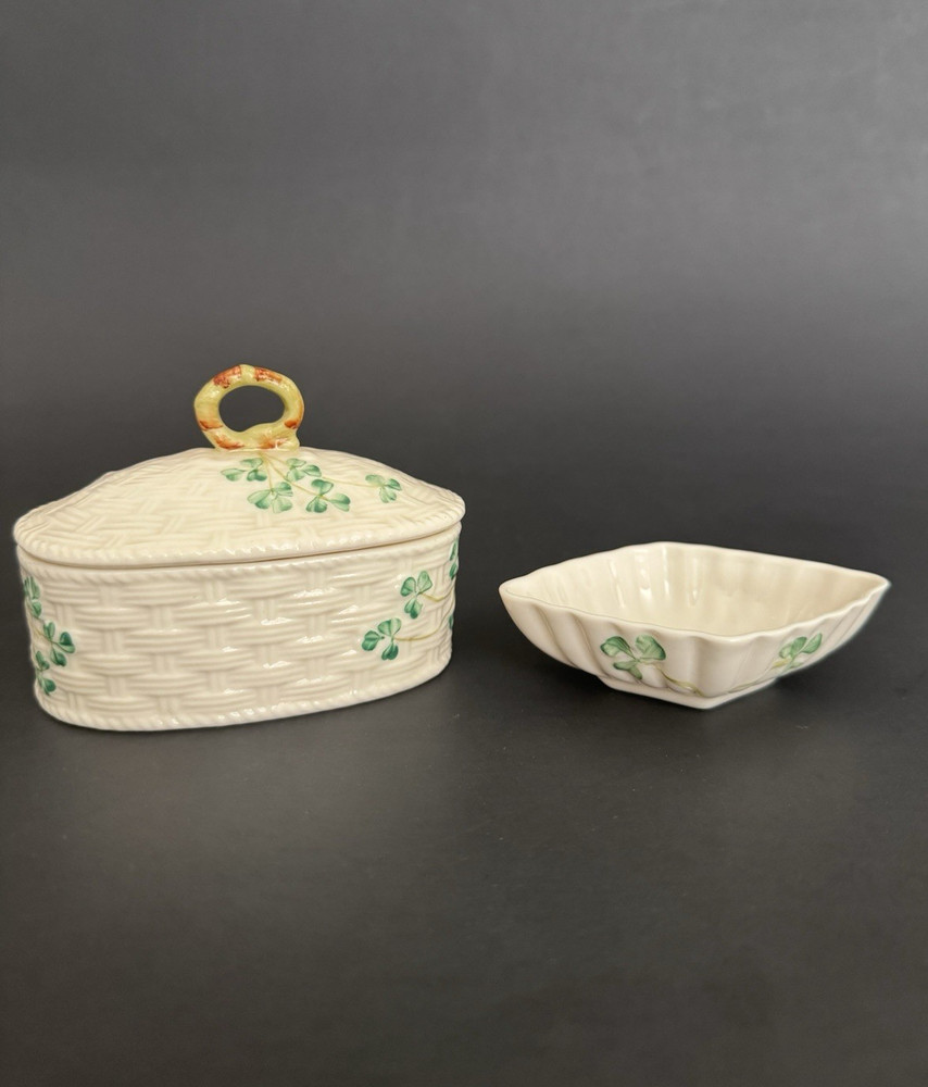 Belleek Ireland Trinket Box + Dish Set Classic Shamrock Cream Porcelain 6th Gen