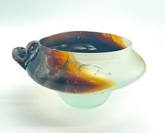 Art Glass Bowl Modernist Organic Brutalist Frosted Hand Painted Leaf And Vine