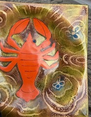 Mid-Century Modern Enamel on Copper Square Plate Trinket Dish Lobster Crawfish