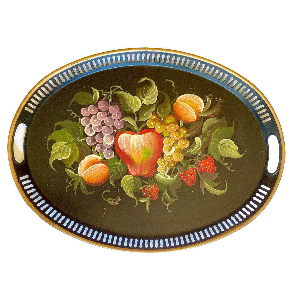 Vintage Tole Tray Hand Painted Fruit Gold Trim Pierced 17 1/2″ L x 13 W