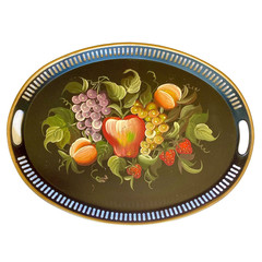 Vintage Tole Tray Hand Painted Fruit Gold Trim Pierced 17 1/2″ L x 13 W