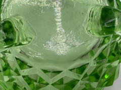 Vintage Green Uranium Glass Diamond Point Footed Dish w Clear Flower Frog Insert