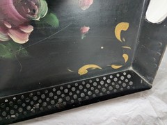 Old Vintage Hand Painted Tole Tray Floral Tin Roses Metal Shabby Farmhouse Black