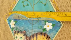 VTG 1990’s Hand-Painted Cat Wall Pocket, Tin w/Metal Mesh & Dragonfly Accents