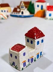 Ceramic Mini Greek Village (8) Houses Church Boat Handmade Hand-Painted