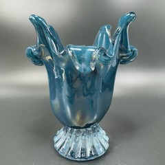 1980s Art Glass Abstract Vase Bowl Centerpiece Teal Blue Iridescent Finish Glass