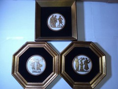 Antique Gold And Black Velvet 3 PC Set Neoclassical Porcelain Wall Plaques
