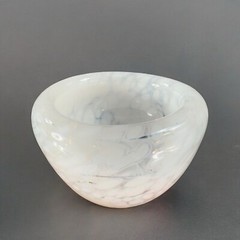 Hand Blown Art Glass Round Dish Bowl Heavy Small White Spots Hand Made Hollow