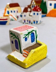 Ceramic Mini Greek Village (8) Houses Church Boat Handmade Hand-Painted