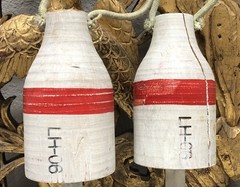 Set of 2 Vintage Bouy Wood White Red Stripe Marked LH-06 Lobster Nautical Decor