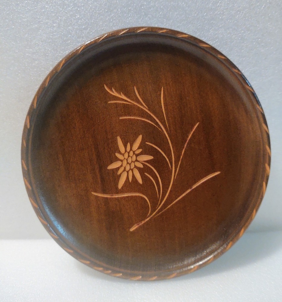 VTG L.Luyten Interlaken Switzerland Carved Etched Flower Wood Plate Dish