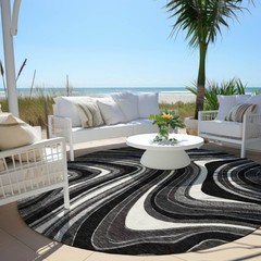 8′ Black Gray And White Round Abstract Washable Rug