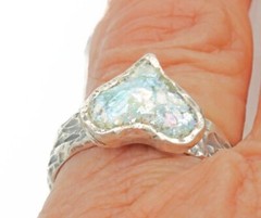 Roman Glass Sterling Silver 925 Heart Ring Ancient Bluish Fragment 200 B.C Size7
