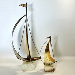 2 Vtg De Mott Brass & Copper Sailboats Art Sculpture Onyx Bases Nautical EVC