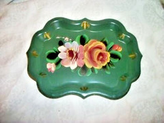 Cottagecore HP Roses Tole Tip Tray Chippendale Green 1950s Petite