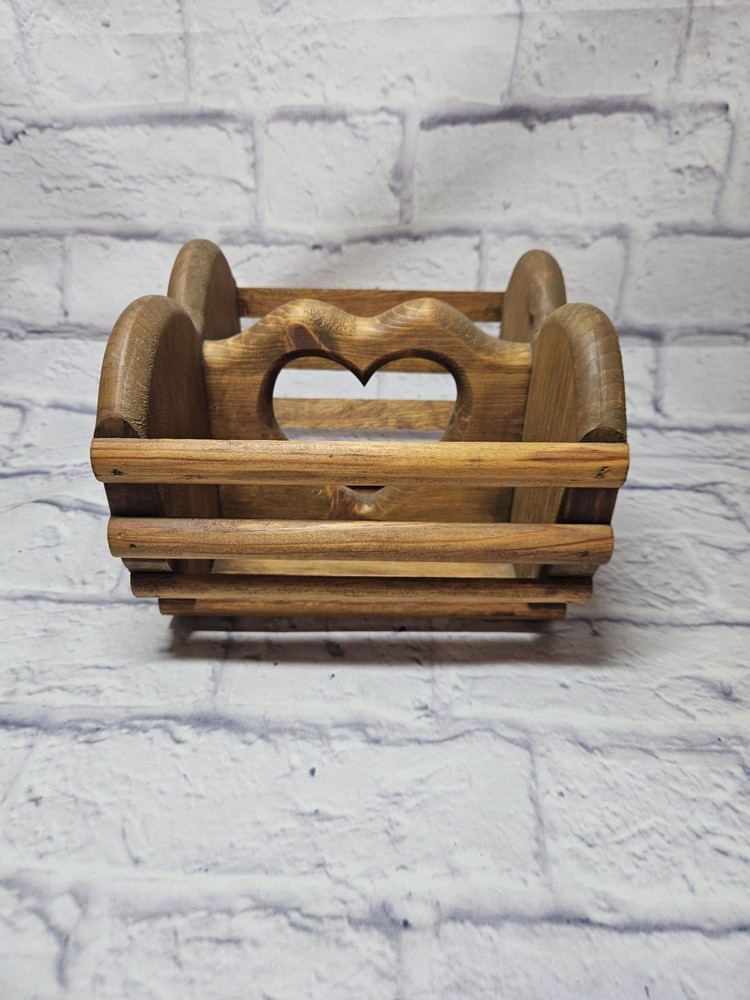 Vintage Wooden Heart Cut-Out Basket Napkin Holder – 7.5″ – 1980s – Country Decor