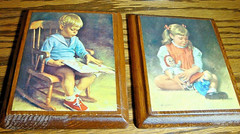 Vtg Rare Find 1970’s Wooden Pictures Plaques Boy & Girl~Nursery Child Decor 594