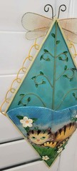 VTG 1990’s Hand-Painted Cat Wall Pocket, Tin w/Metal Mesh & Dragonfly Accents
