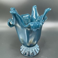 1980s Art Glass Abstract Vase Bowl Centerpiece Teal Blue Iridescent Finish Glass